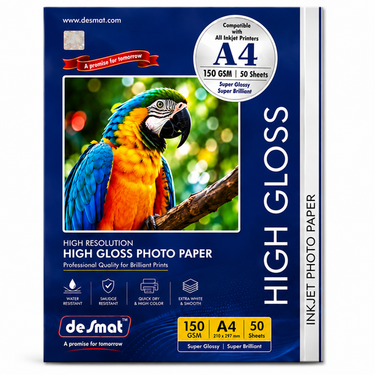 DESMAT High Gloss Inkjet Photo Paper HWPGIP 150 GSM A4 Size | 50 Sheets | Premium Glossy Photo Printing Paper