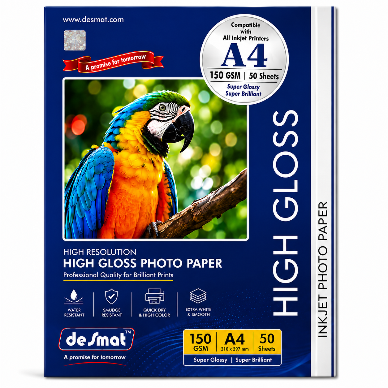 DESMAT High Gloss Inkjet Photo Paper HWPGIP 150 GSM A4 Size | 50 Sheets | Premium Glossy Photo Printing Paper