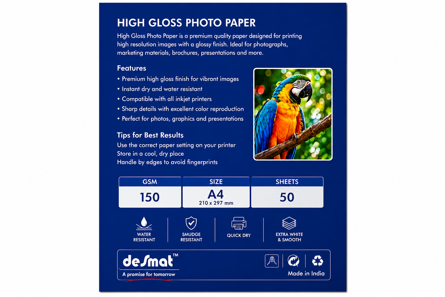 DESMAT High Gloss Inkjet Photo Paper HWPGIP 150 GSM A4 Size | 50 Sheets | Premium Glossy Photo Printing Paper