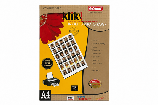 DESMAT KLICK ID Photo Paper A4 180 GSM | High Gloss Inkjet Photo Paper | Instant Dry | Water Resistant | Sharp Color Prints for ID Cards, Photos & Documents | 50 Sheets Pack