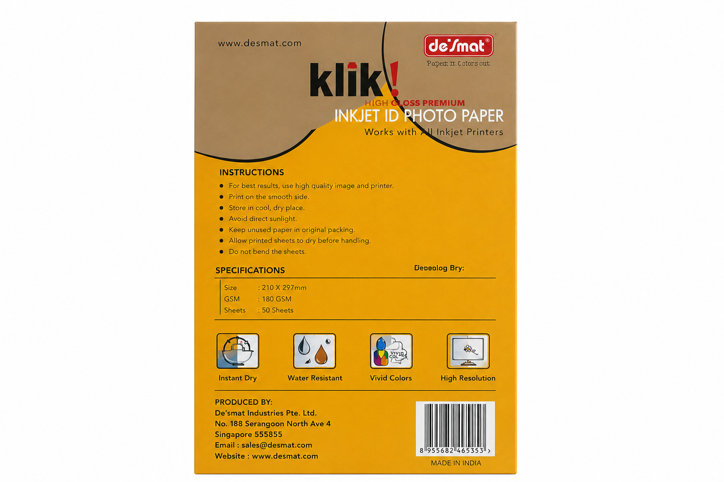 DESMAT KLICK ID Photo Paper A4 180 GSM | High Gloss Inkjet Photo Paper | Instant Dry | Water Resistant | Sharp Color Prints for ID Cards, Photos & Documents | 50 Sheets Pack