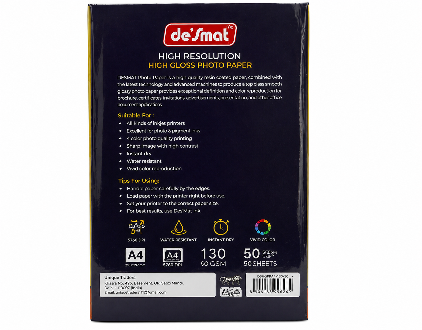 DESMAT PGIP Glossy Inkjet Photo Paper 130 GSM A4 Size | 50 Sheets | High Resolution 9600 DPI | Instant Dry | Gloss Finish | Compatible with All Inkjet Printers | Premium Photo Printing Paper