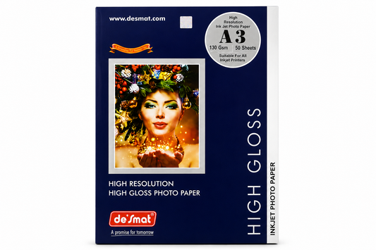 DESMAT High Gloss Inkjet Photo Paper A3 Size 130 GSM | 50 Sheets | Premium Glossy Photo Printing Paper