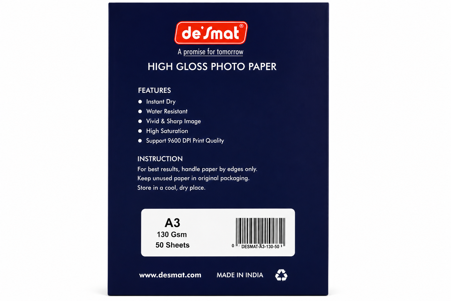 DESMAT High Gloss Inkjet Photo Paper A3 Size 130 GSM | 50 Sheets | Premium Glossy Photo Printing Paper