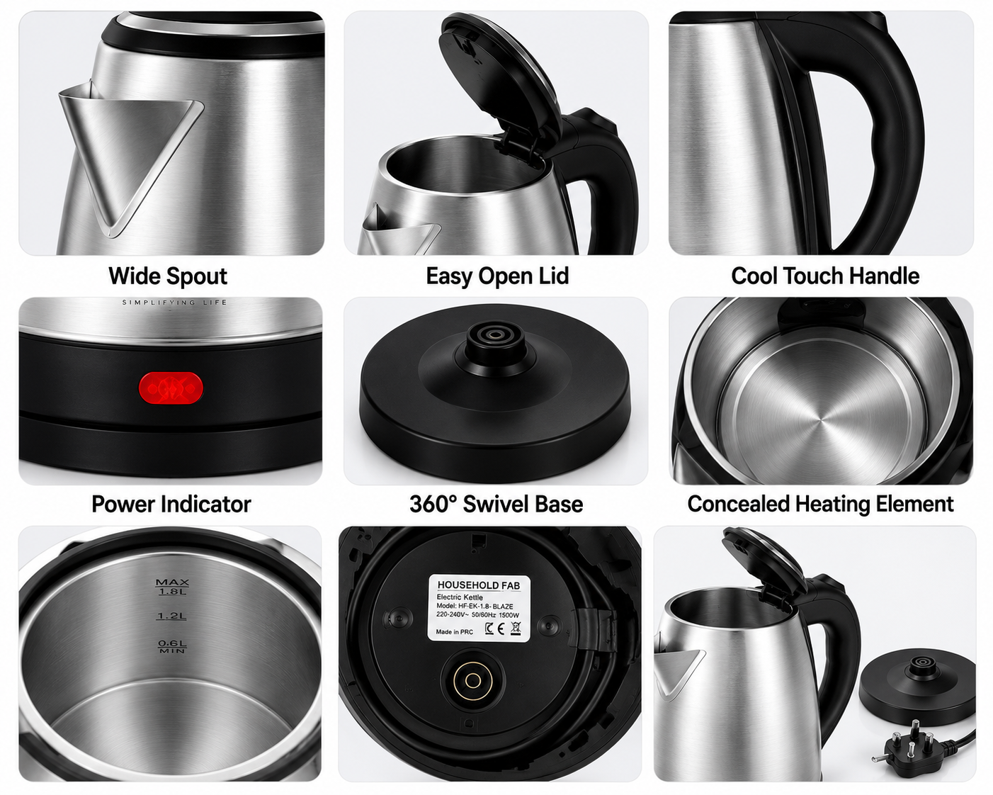 HF Household Fab 1.5L Multipurpose Electric Kettle – 600W Stainless Steel Body for Boiling Water, Milk, Tea, Coffee, Oats, Noodles & Soup