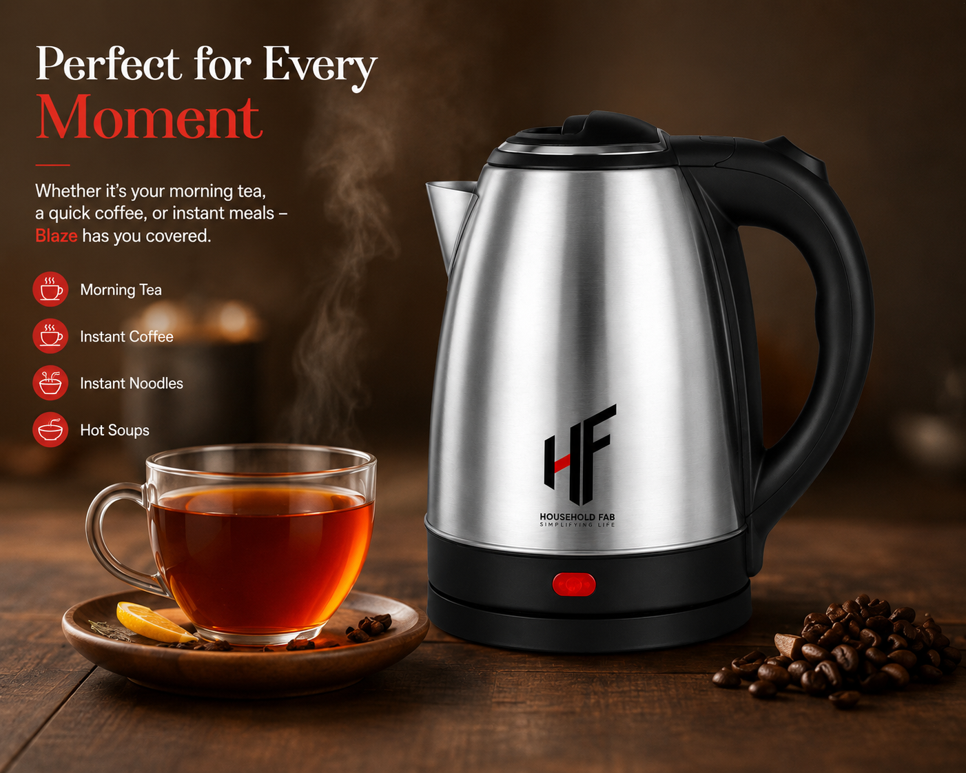 HF Household Fab 1.5L Multipurpose Electric Kettle – 600W Stainless Steel Body for Boiling Water, Milk, Tea, Coffee, Oats, Noodles & Soup