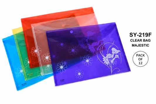 SAYA Premium Clear Bag SY219P | FS Size Document Holder | Transparent Plastic Envelope Folder with Snap Button Closure | Waterproof & Durable File Bag | Assorted Colors | Pack of 12