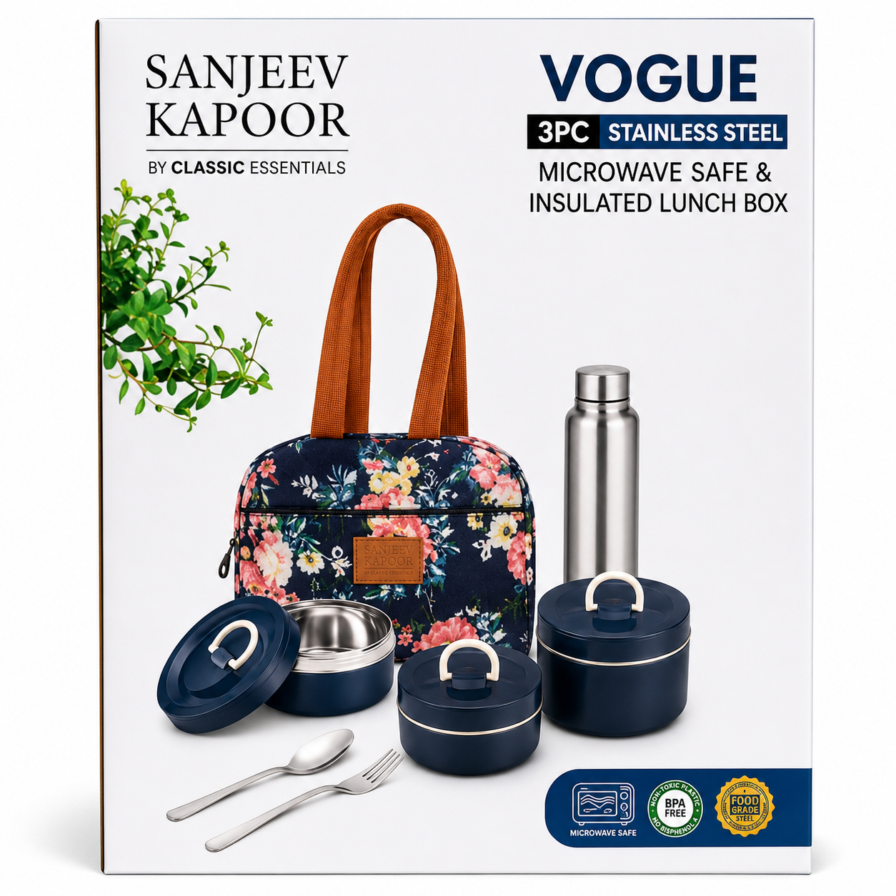 Classic Essentials by Sanjeev Kapoor Vogue 3-Piece Stainless Steel Lunch Box Set with Insulated Carry Bag, 500ml Bottle, Spoon & Fork | Microwave Safe Containers | Food Grade Steel Tiffin Set for Office, School & Travel
