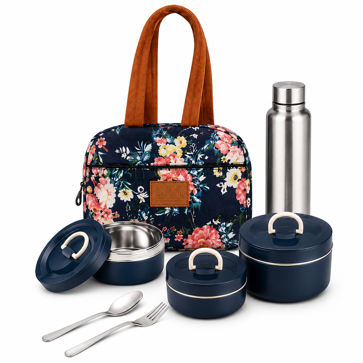 Classic Essentials by Sanjeev Kapoor Vogue 3-Piece Stainless Steel Lunch Box Set with Insulated Carry Bag, 500ml Bottle, Spoon & Fork | Microwave Safe Containers | Food Grade Steel Tiffin Set for Office, School & Travel