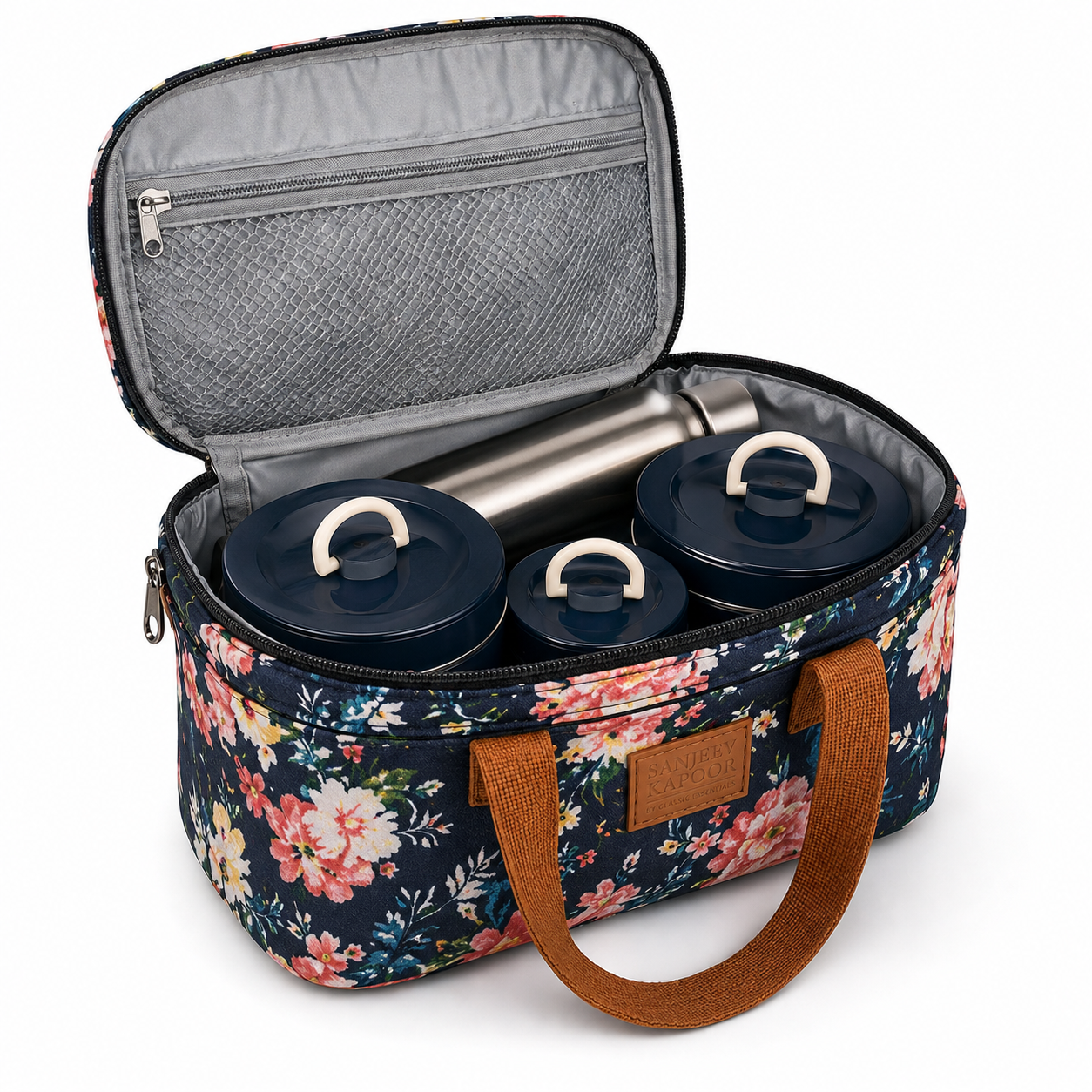 Classic Essentials by Sanjeev Kapoor Vogue 3-Piece Stainless Steel Lunch Box Set with Insulated Carry Bag, 500ml Bottle, Spoon & Fork | Microwave Safe Containers | Food Grade Steel Tiffin Set for Office, School & Travel