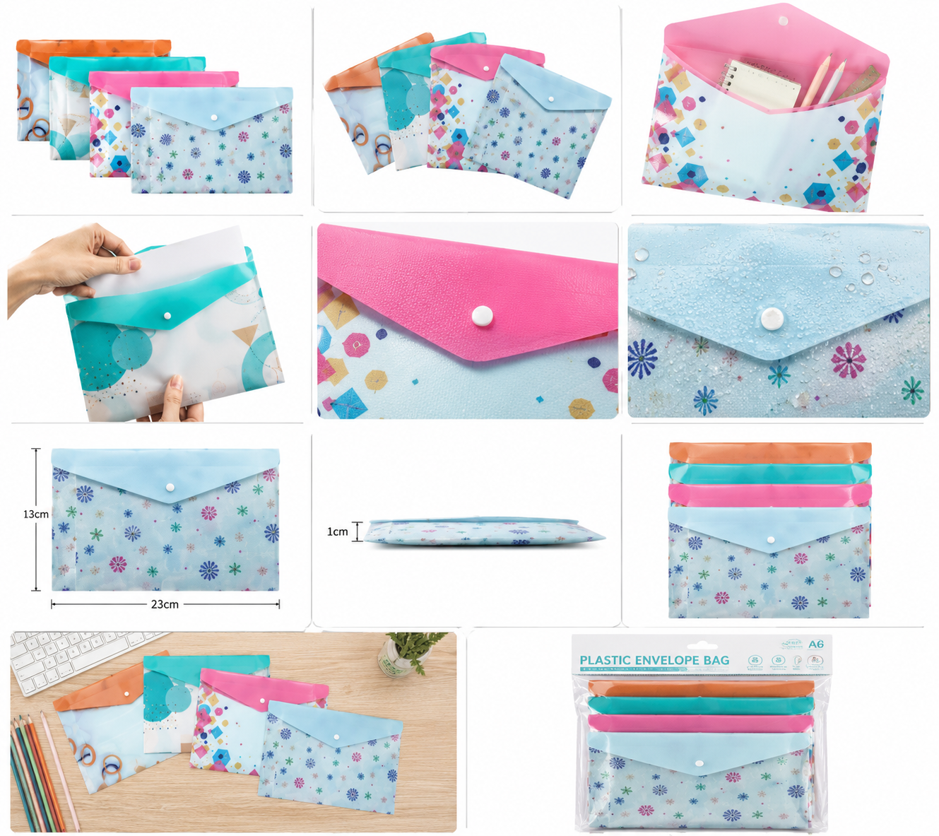 SAYA Kids Assorted Theme My Clear Bag FS Size (SY252F) – Transparent Document Folder with Snap Button Closure | Durable Waterproof Plastic Storage Pouch | Pack of 12