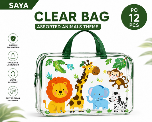 SAYA Assorted Animals Theme My Clear Bag SY253F | Transparent PVC Storage & Carry Bag with Zip Closure | Cute Animal Print Design | Durable Reusable Organizer Bag | Pack of 12
