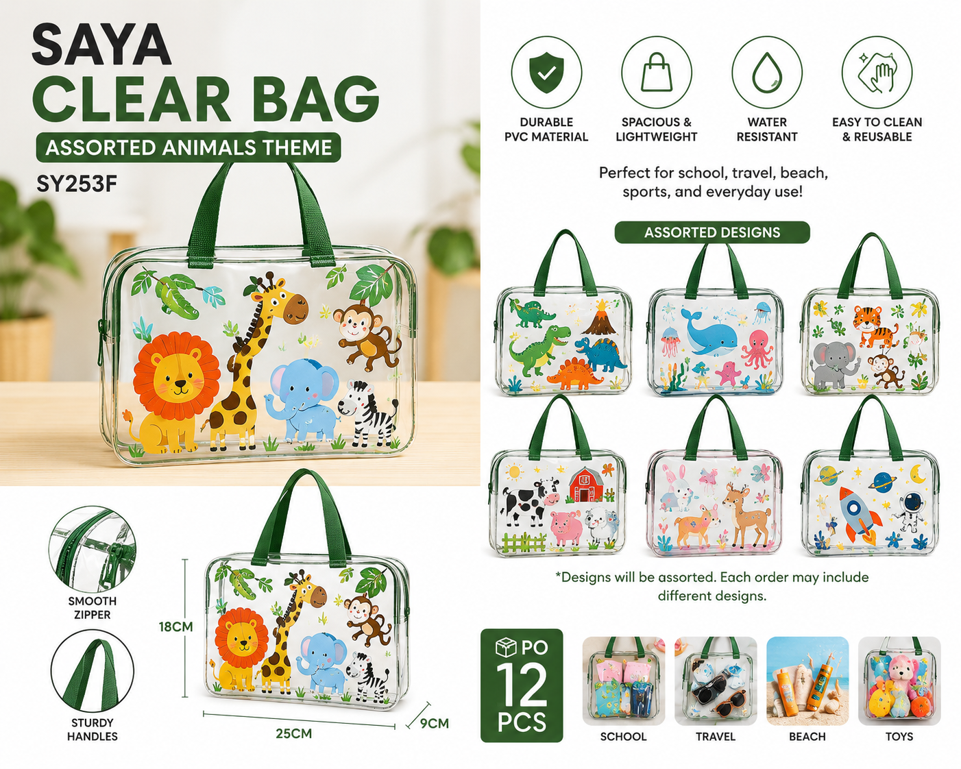 SAYA Assorted Animals Theme My Clear Bag SY253F | Transparent PVC Storage & Carry Bag with Zip Closure | Cute Animal Print Design | Durable Reusable Organizer Bag | Pack of 12