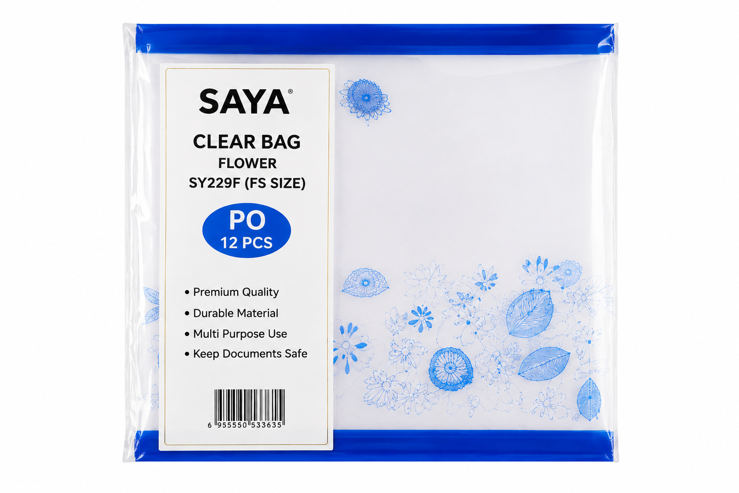 SAYA Clear Bag Flower SY229F FS Size Document Folder | Transparent Floral Print Expanding File Bag | Snap Button Closure | Waterproof Document Organizer | Pack of 12