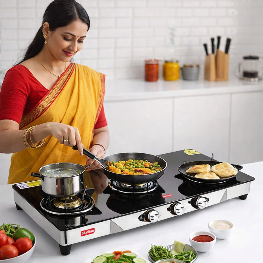 Skyline Premium 3 Burner Glass Gas Stove – Stylish & Powerful Cooking VTL1818
