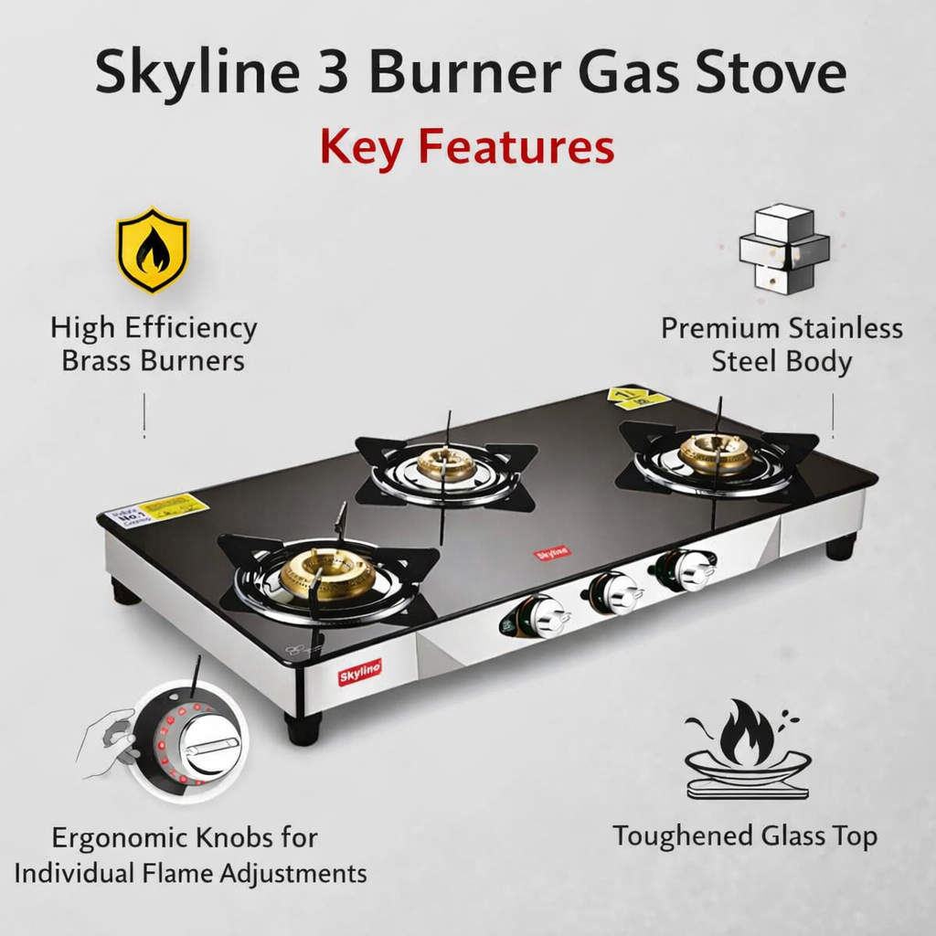 Skyline Premium 3 Burner Glass Gas Stove – Stylish & Powerful Cooking VTL1818