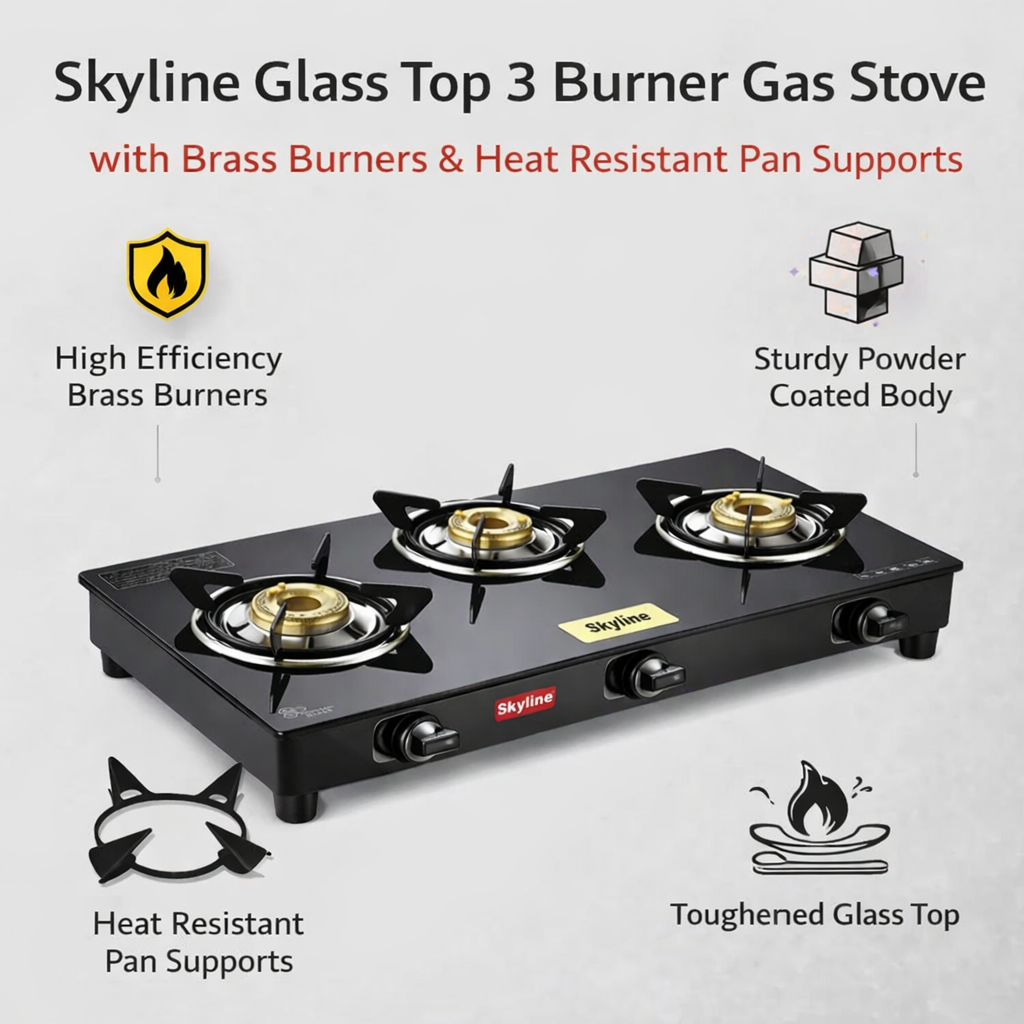 3-Burner LPG Gas Stove with Auto-Ignition, Brass Burners & Stylish Design VTL3434