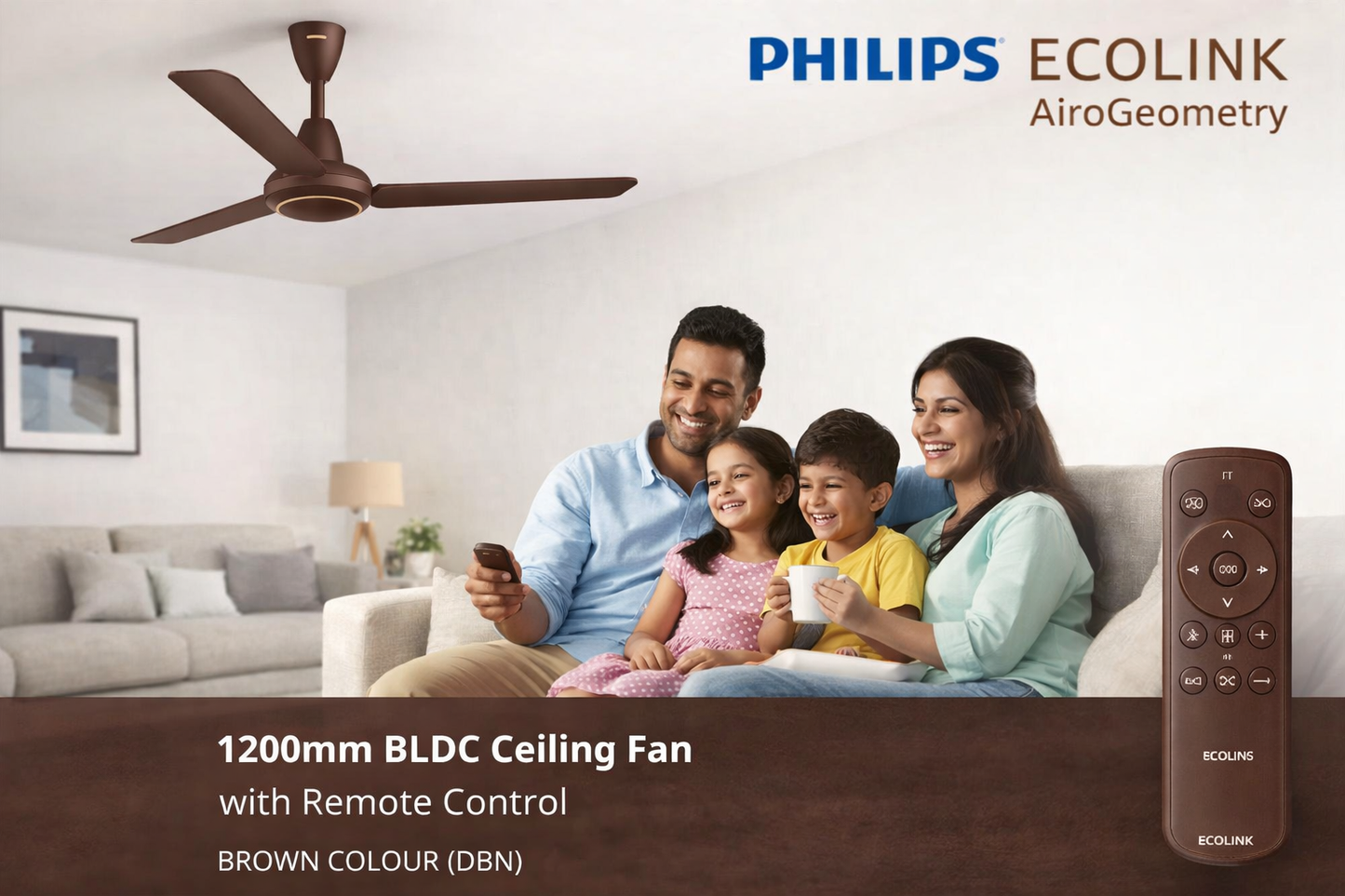 PHILIPS Ecolink AiroGeometry 1200mm BLDC Ceiling Fan with Remote ControL BROWN COLOUR ( DBN)  ECOLINKFAN32W (DBN)