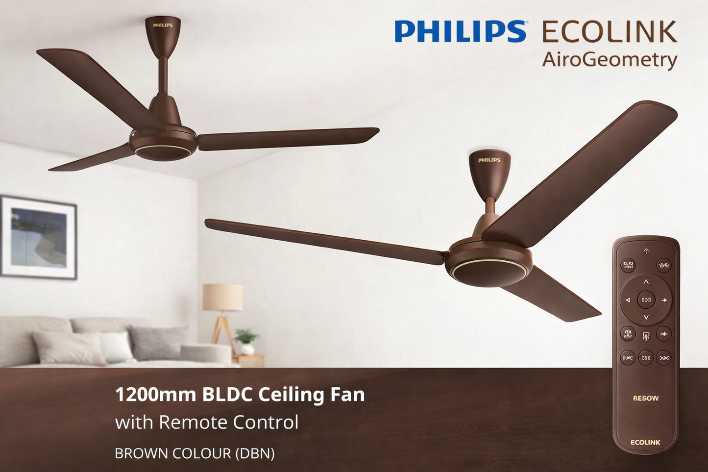 PHILIPS Ecolink AiroGeometry 1200mm BLDC Ceiling Fan with Remote ControL BROWN COLOUR ( DBN)  ECOLINKFAN32W (DBN)