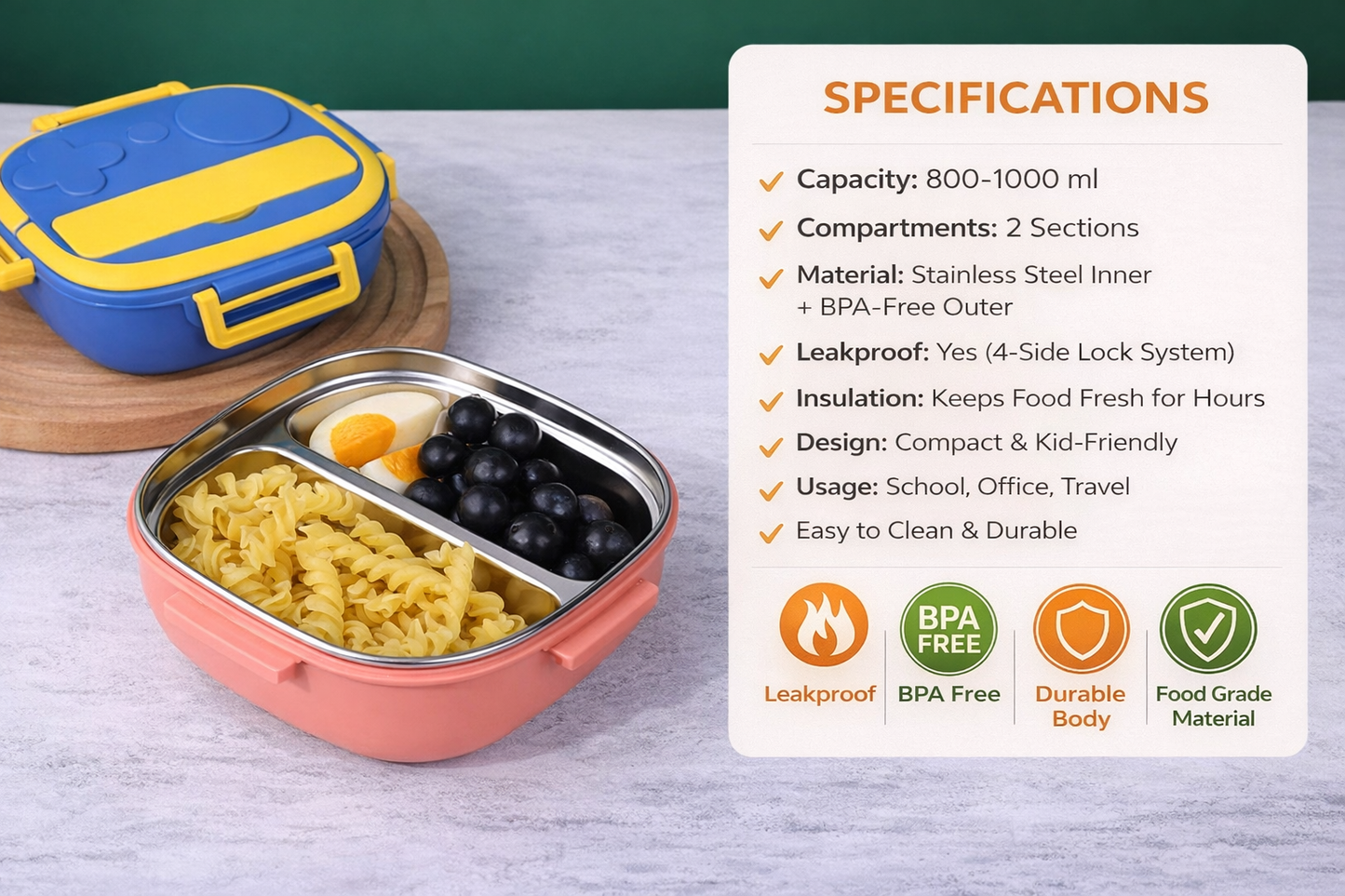 SCOFFCO TedeMei Lunch Box 6122 (WPT) – Insulated Stainless Steel 2-Compartment Lunch Box | Leakproof & Durable | Ideal for Kids, School & Office