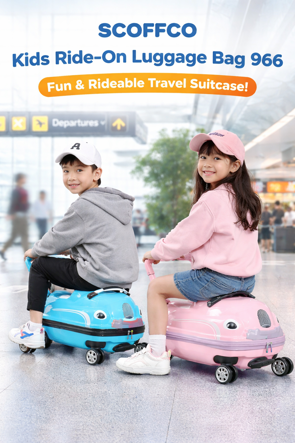 SCOFFCO Kids Ride-On Luggage Bag 966 – Hard Shell Travel Suitcase with Wheels & Handle for Kids (Rideable Cabin Trolley)