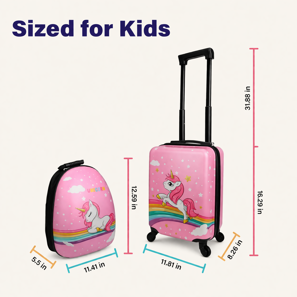 SCOFFCO Kids Luggage Bag Set of 2 (Big & Small) 655 Unicorn Print (WPT) – Hard Shell Travel Suitcase Combo with Wheels for Kids