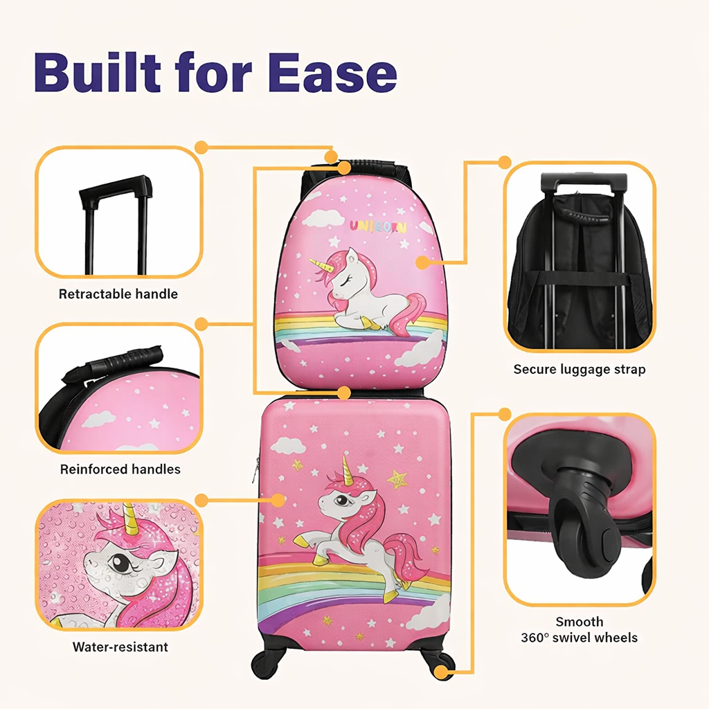 SCOFFCO Kids Luggage Bag Set of 2 (Big & Small) 655 Unicorn Print (WPT) – Hard Shell Travel Suitcase Combo with Wheels for Kids