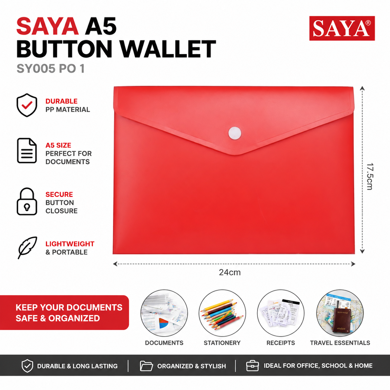 SAYA A5 Button Wallet SY005 | Durable PP Document Folder with Snap Button Closure | A5 Size Expanding File Envelope for Office, School, Travel & Certificates | Lightweight Waterproof Document Holder