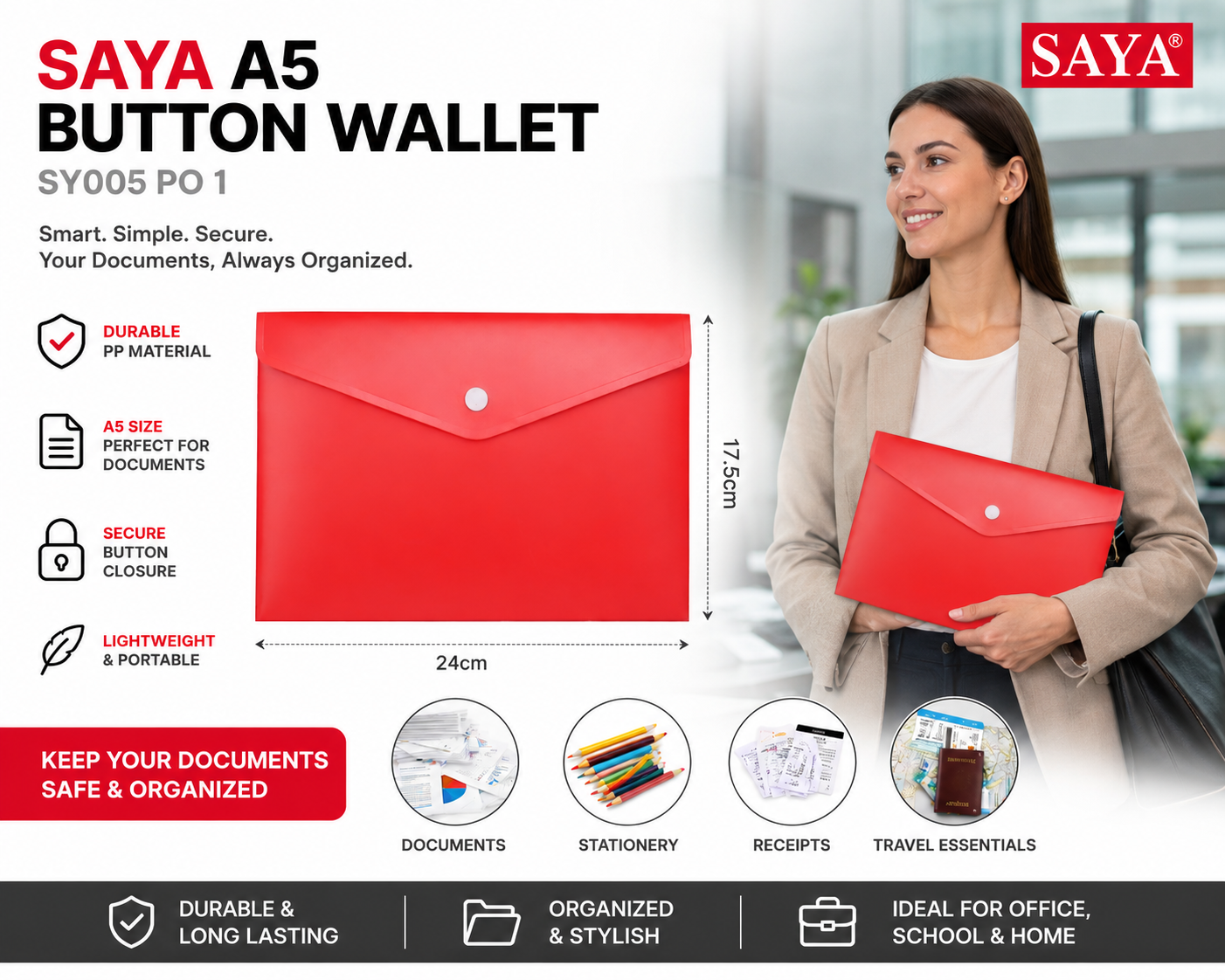 SAYA A5 Button Wallet SY005 | Durable PP Document Folder with Snap Button Closure | A5 Size Expanding File Envelope for Office, School, Travel & Certificates | Lightweight Waterproof Document Holder