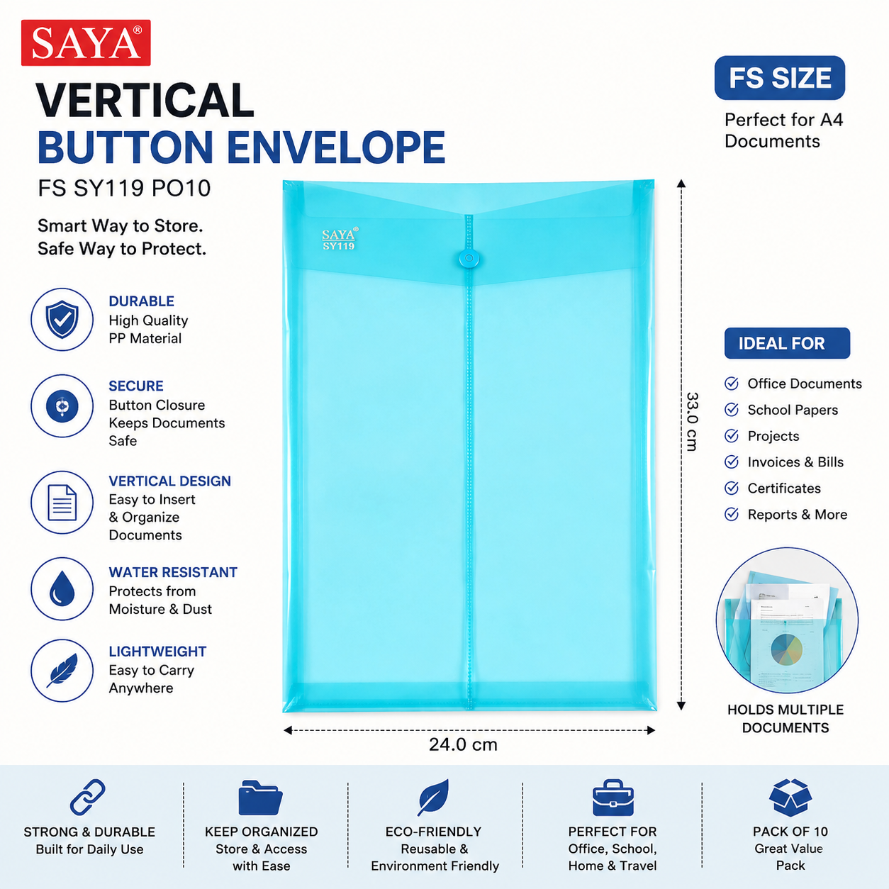 SAYA Vertical Button Envelope FS SY119 | FS Size Document Folder with Secure Button Closure | Durable Waterproof PP Plastic File Organizer for Office, School & Certificates |