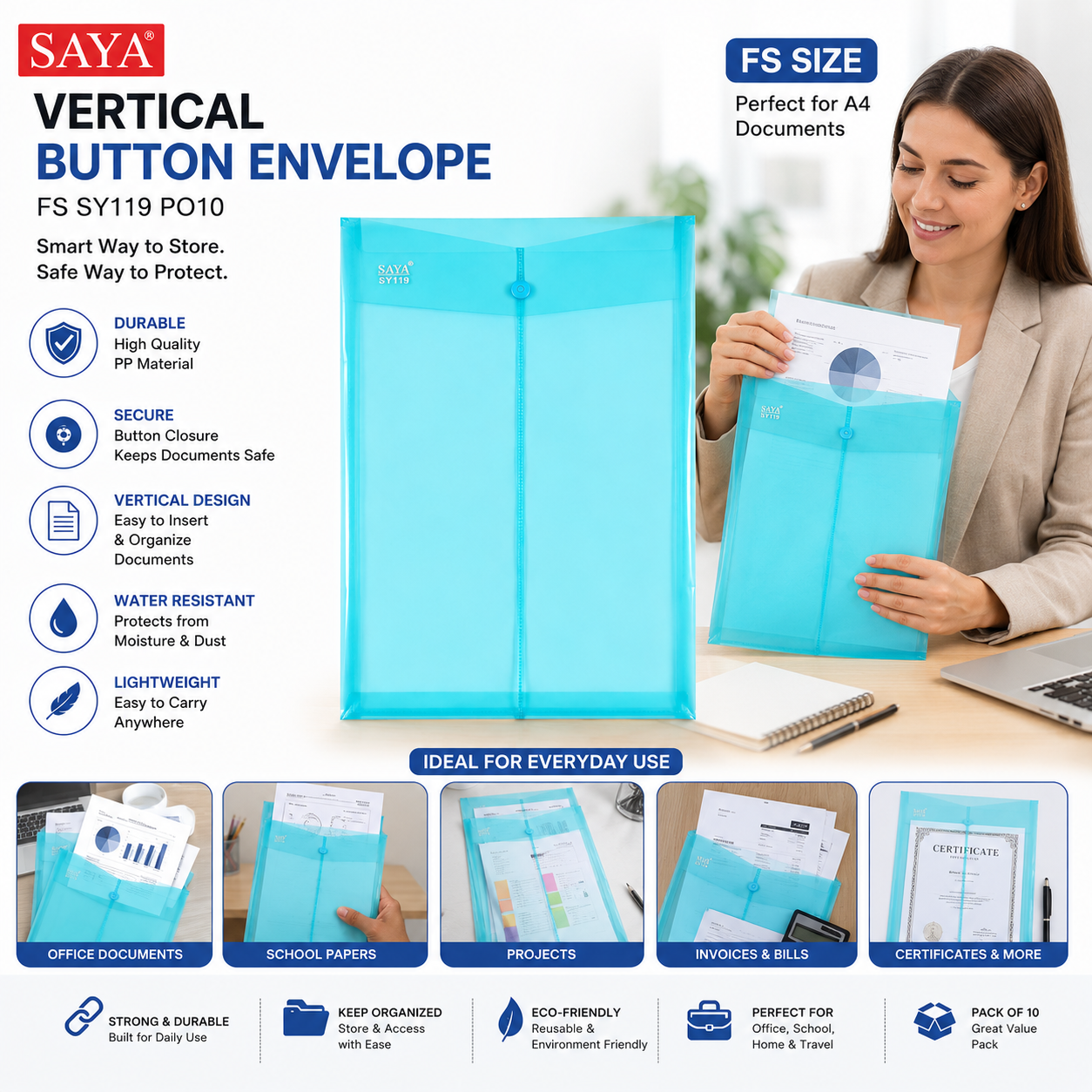 SAYA Vertical Button Envelope FS SY119 | FS Size Document Folder with Secure Button Closure | Durable Waterproof PP Plastic File Organizer for Office, School & Certificates |