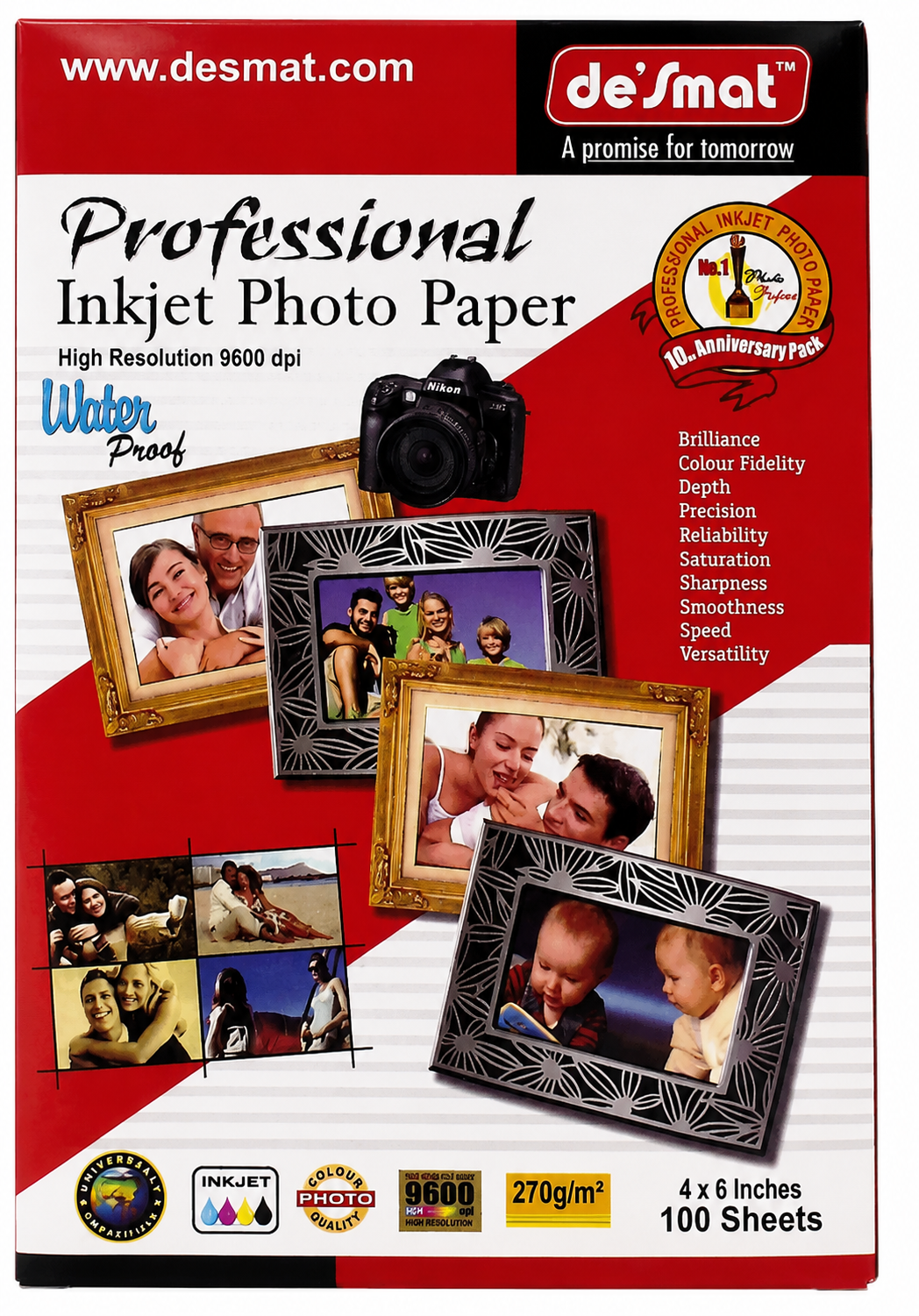 Desmat Professional Inkjet Photo Paper 270 GSM 4x6 Inches | Waterproof Glossy Photo Paper for Inkjet Printers | High Resolution 9600 DPI | 100 Sheets Pack
