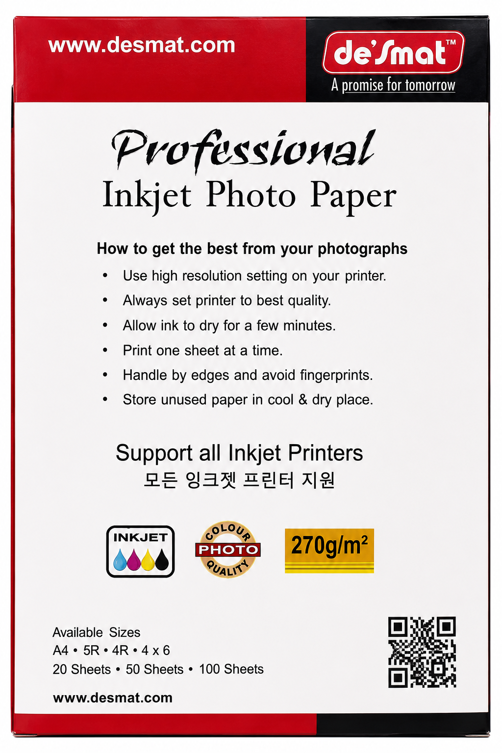 Desmat Professional Inkjet Photo Paper 270 GSM 4x6 Inches | Waterproof Glossy Photo Paper for Inkjet Printers | High Resolution 9600 DPI | 100 Sheets Pack