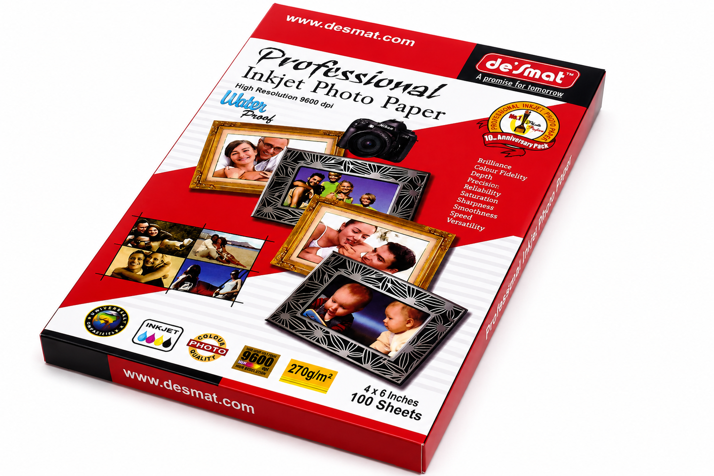 Desmat Professional Inkjet Photo Paper 270 GSM 4x6 Inches | Waterproof Glossy Photo Paper for Inkjet Printers | High Resolution 9600 DPI | 100 Sheets Pack