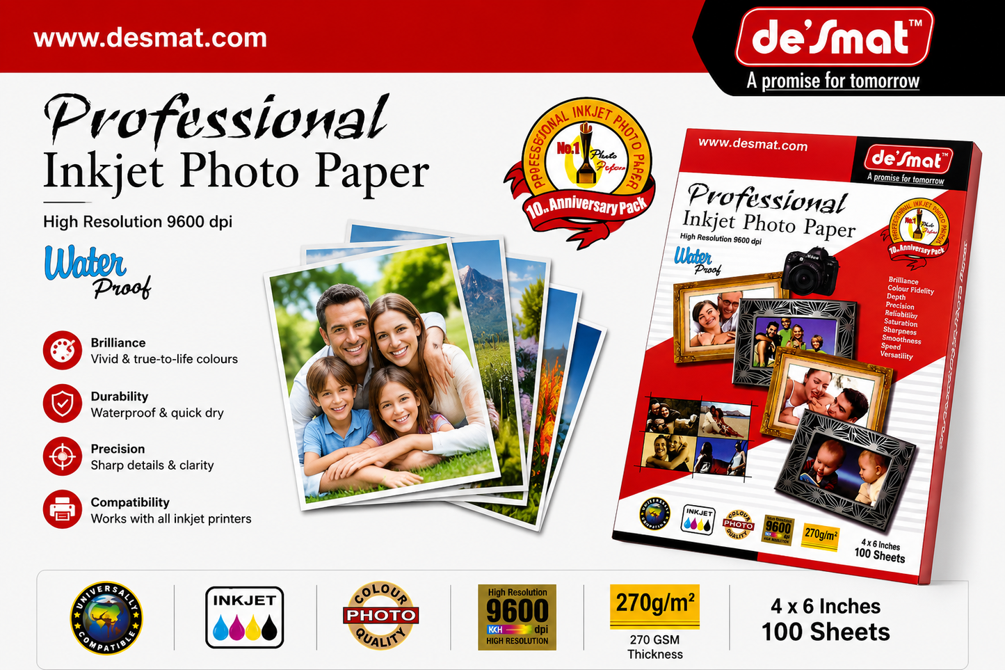 Desmat Professional Inkjet Photo Paper 270 GSM 4x6 Inches | Waterproof Glossy Photo Paper for Inkjet Printers | High Resolution 9600 DPI | 100 Sheets Pack
