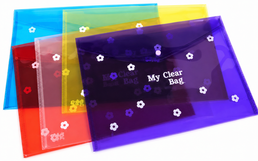 SAYA My Clear Bag Flower SY209F PO12 | Transparent Button Closure Document Folder | Waterproof Multipurpose Storage Pouch for A4 Papers, Stationery & Office Use | Floral Design Assorted Colors
