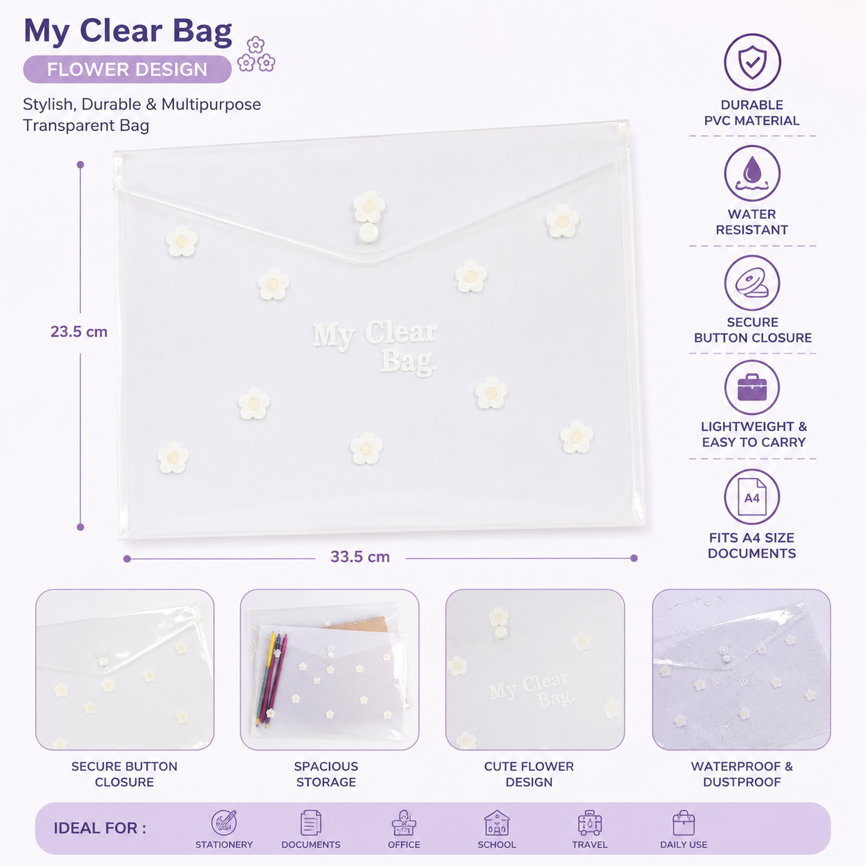 SAYA My Clear Bag Flower SY209F Pack of 12 pcs | Transparent Floral Document Folder with Button Closure | Waterproof PVC Storage Pouch for A4 Papers, Stationery & Office Use | Lightweight Multipurpose Clear Bag