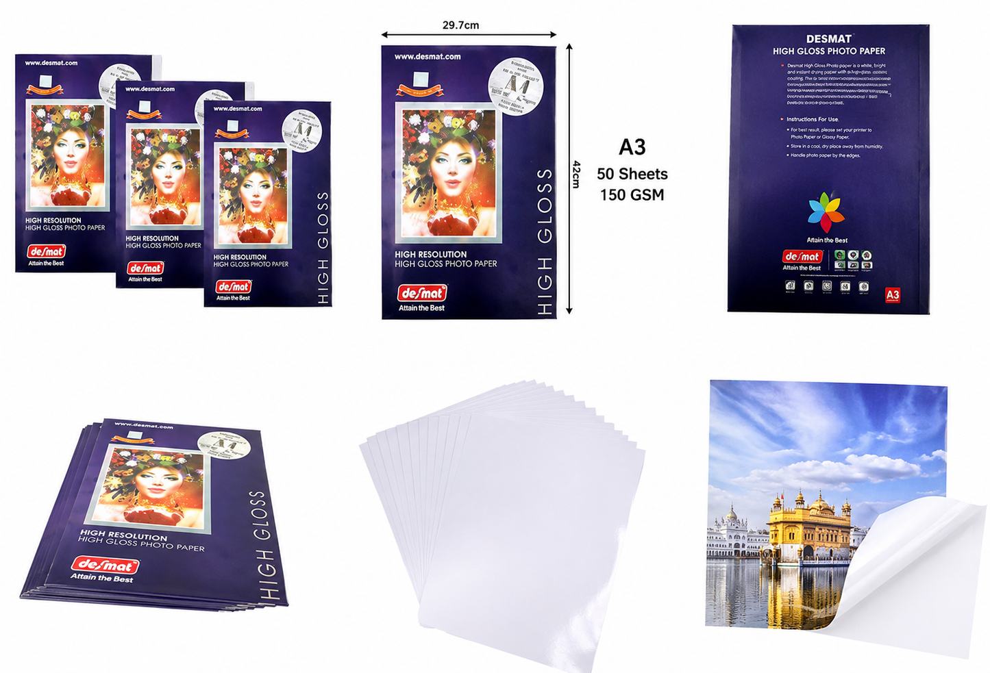 DESMAT A3 High Gloss Photo Paper 150 GSM | 50 Sheets | High Resolution Inkjet Printing Paper | Instant Dry | Water Resistant | Glossy Finish for Photos & Graphics