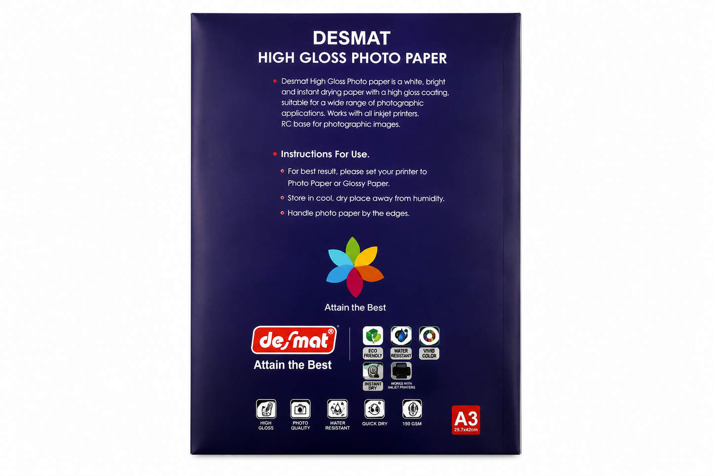 DESMAT A3 High Gloss Photo Paper 150 GSM | 50 Sheets | High Resolution Inkjet Printing Paper | Instant Dry | Water Resistant | Glossy Finish for Photos & Graphics