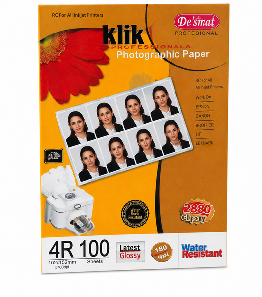 Desmat Klick Professional 4x6 Inch Glossy Photo Paper 180 GSM (100 Sheets) | Water Resistant Inkjet Photo Paper | Instant Dry | Compatible with Epson, Canon, HP, Brother & Lexmark Printers