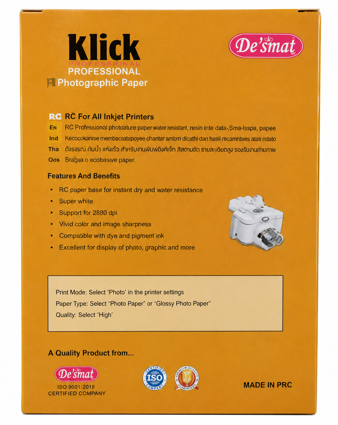 Desmat Klick Professional 4x6 Inch Glossy Photo Paper 180 GSM (100 Sheets) | Water Resistant Inkjet Photo Paper | Instant Dry | Compatible with Epson, Canon, HP, Brother & Lexmark Printers
