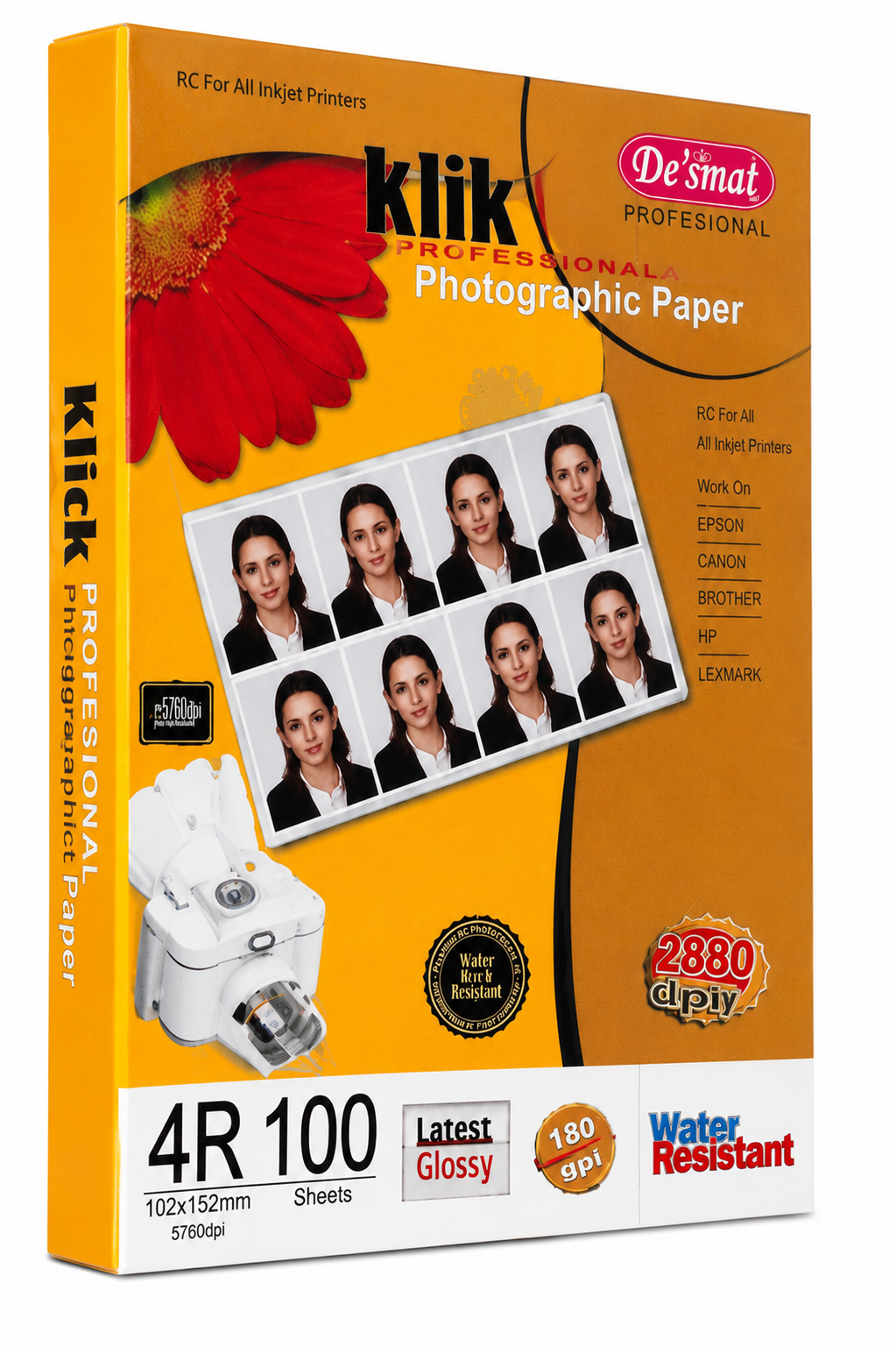 Desmat Klick Professional 4x6 Inch Glossy Photo Paper 180 GSM (100 Sheets) | Water Resistant Inkjet Photo Paper | Instant Dry | Compatible with Epson, Canon, HP, Brother & Lexmark Printers