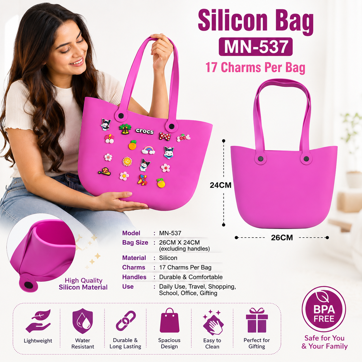SCOFFCO Silicon Bag with Charms (MN 537 WP) | 26CM x 24CM Tote Bag | 17 Decorative Charms Included | Stylish Waterproof Silicone Handbag