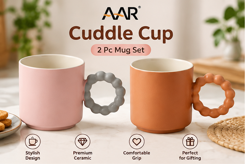 AAR Cuddle Cup Ceramic Coffee Mug Set of 2, Pink & Terracotta Mugs with Unique Round Bubble Handles for Tea, Coffee & Everyday Use