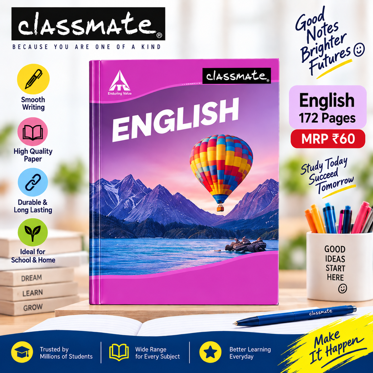 Classmate Copy 5 Pcs Combo Pack | English, Math & English-Hindi 5 Line Notebooks | 120 & 172 Pages
