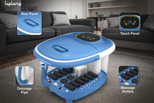 Lifelong LLM801 500W Electric Foot Massager Spa Machine With 8 Manual Rollers, Digital Panel, Bubble Bath & Water Heating Technology For Pedicure, Pain Relief & Foot Care, Blue