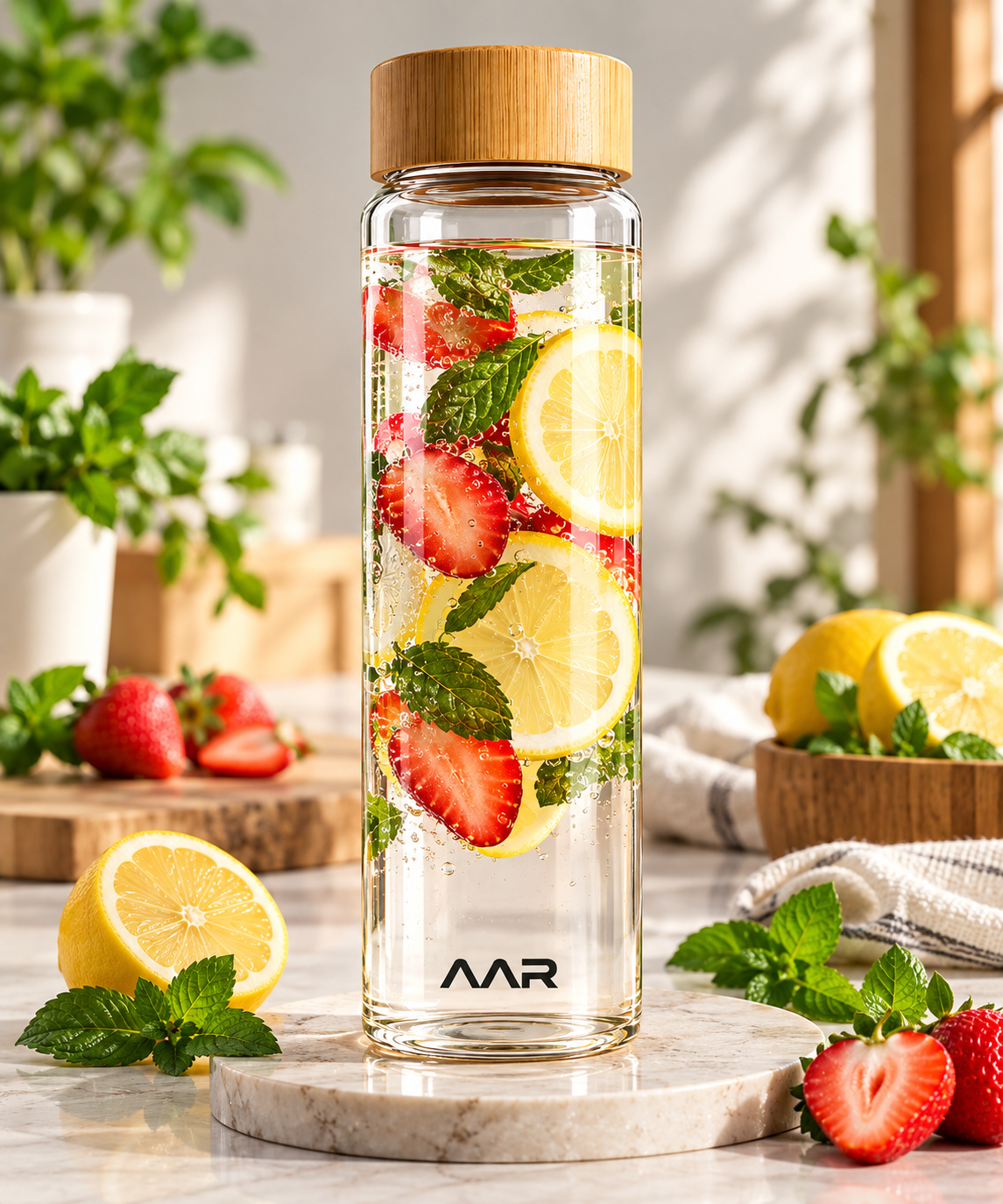 AAR Aqua Glass Bottle 1200ML | Premium Glass Water Bottle with Bamboo Lid | Leak Proof, BPA Free, Reusable Bottle for Home, Office, Gym & Travel