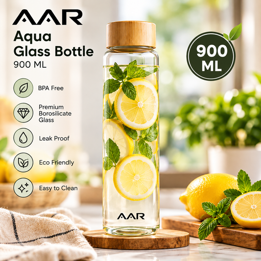 AAR Aqua Glass Bottle 900 ML | Premium Borosilicate Glass Water Bottle with Bamboo Lid | Leak Proof, BPA Free, Reusable Bottle for Home, Office, Gym & Travel