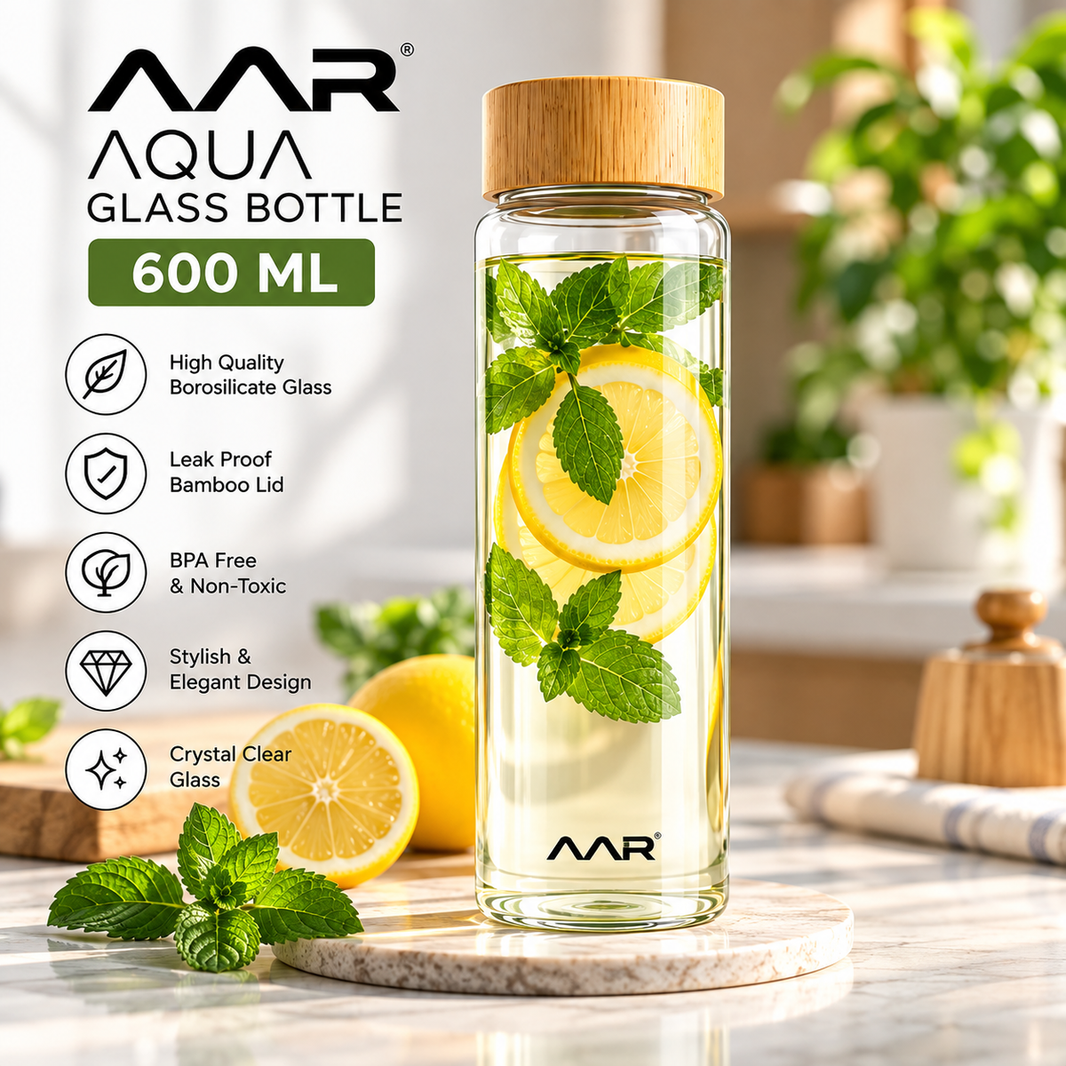 AAR Aqua Glass Bottle 600 ML | Borosilicate Glass Water Bottle with Bamboo Lid | Leak Proof, BPA Free & Reusable | Stylish Bottle for Home, Office, Gym & Travel