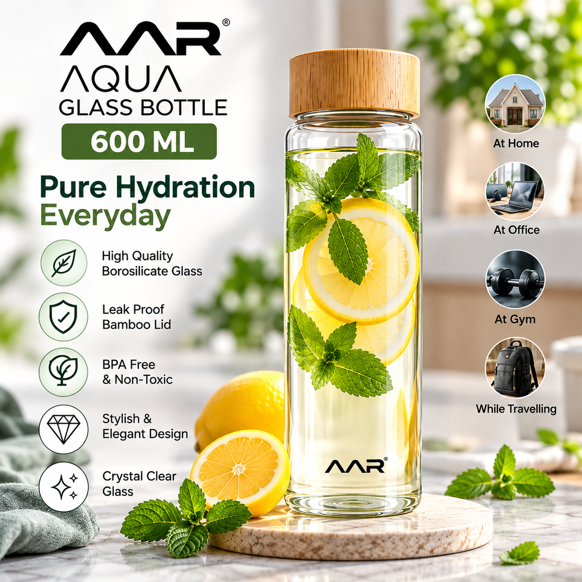 AAR Aqua Glass Bottle 600 ML | Borosilicate Glass Water Bottle with Bamboo Lid | Leak Proof, BPA Free & Reusable | Stylish Bottle for Home, Office, Gym & Travel